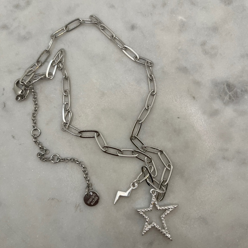 Paperclip Star Lightning Necklace Marlyn Schiff Silver Tone Bolt Charm Pave New